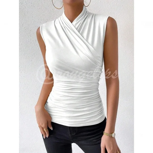 Ruched White Overlapping Sleeveless Shirt Top Stretchy - Picture 3 of 7